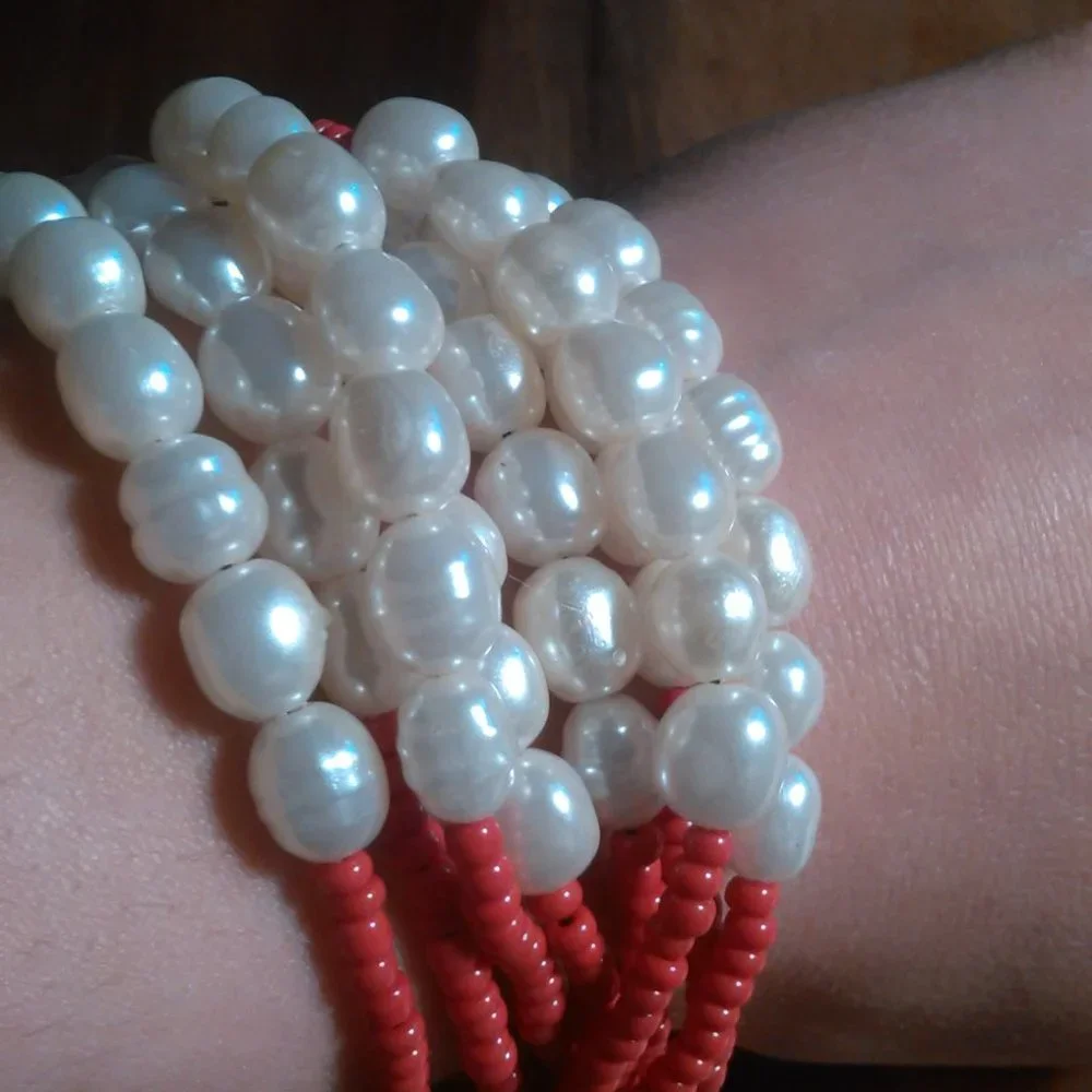 Red Seed Bead and Faux Pearl Multi-Strand Stretch Bracelet